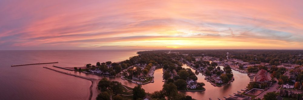 Aerial panorama of the Vermilion Lagoons at sunrise from Main Street Beach